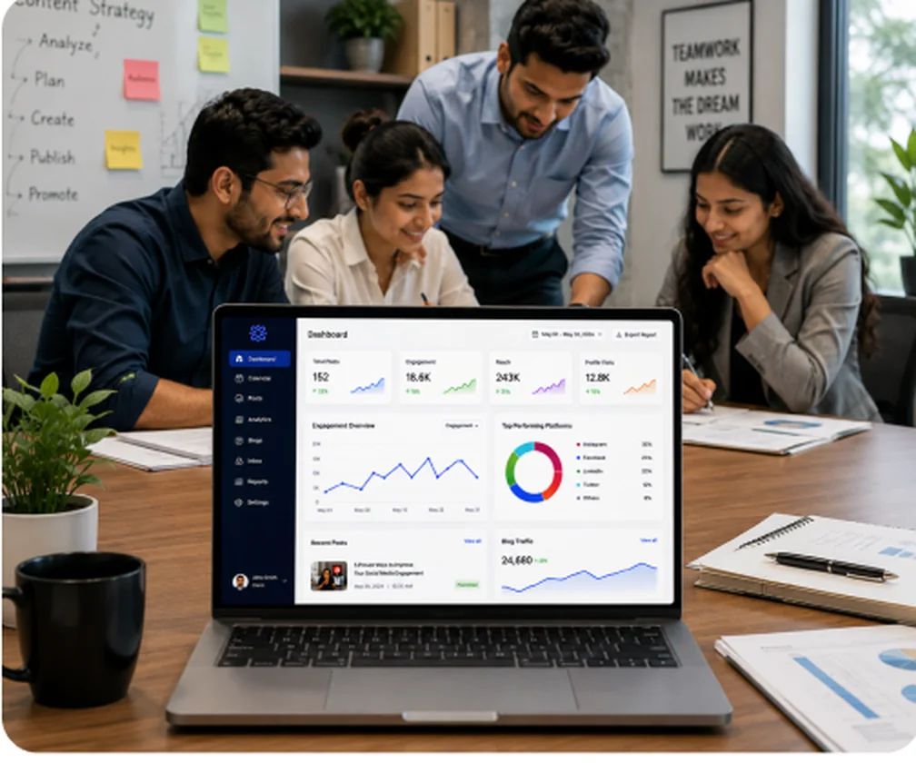 The dedicated Grow Your Brand marketing team collaborating over a performance dashboard