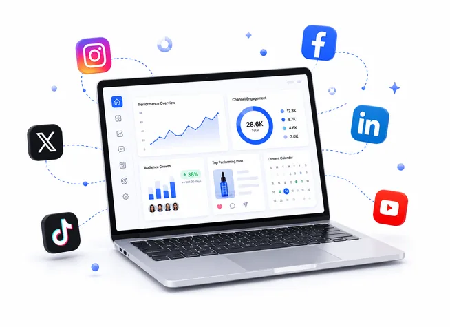 Analytics dashboard on a laptop surrounded by social platform icons